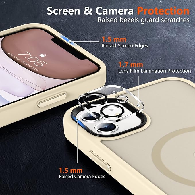 MOCCA Strong Magnetic for iPhone 11 Phone Case,[Compatible with Magsafe][Glass Screen Protector+Camera Lens Protector] Slim Thin Shockproof Cover Case for iPhone 11 6.1 inch, Light Gold