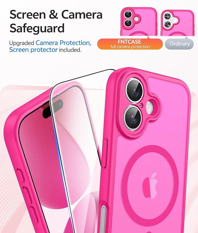 FNTCASE for iPhone 17 Case: [Compatible with Magsafe] Translucent Matte Cases with [Full Camera Protection] [Screen Protector] Military Grade Shockproof Protective Phone Cover - Hot Pink