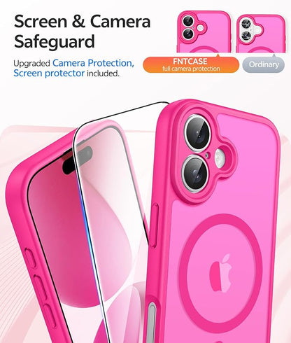 FNTCASE for iPhone 17 Case: [Compatible with Magsafe] Translucent Matte Cases with [Full Camera Protection] [Screen Protector] Military Grade Shockproof Protective Phone Cover - Hot Pink