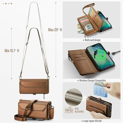 Strapurs Wallet Case Compatible with iPhone Air 6.5" RFID Blocking 10-Card Holder Soft PU Leather Magnetic Snap Shoulder Strap Zipper Pocket Phone Case Fit for iPhone 17 Air for Women - Brown