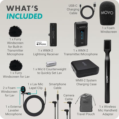Movo WMX-2-L Wireless Lavalier Microphone for iPhone/Lightning Devices with WMX-HM Handheld Adapter - Lapel Mic with Handle Mount for Content Creators, Interviews, Reporting