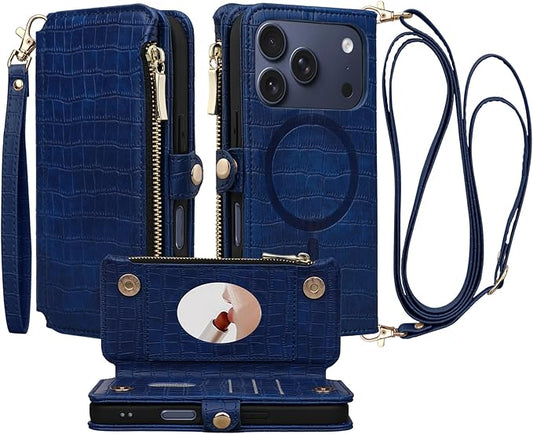 Crossbody Wallet Case for iPhone 17 Pro with Mirror, Wrist Strap, Zipper Purse Magnetic Flip, RFID Blocking Card Holder, Wireless Charging, PU Leather Shockproof 6.3" Women (Navy Blue)