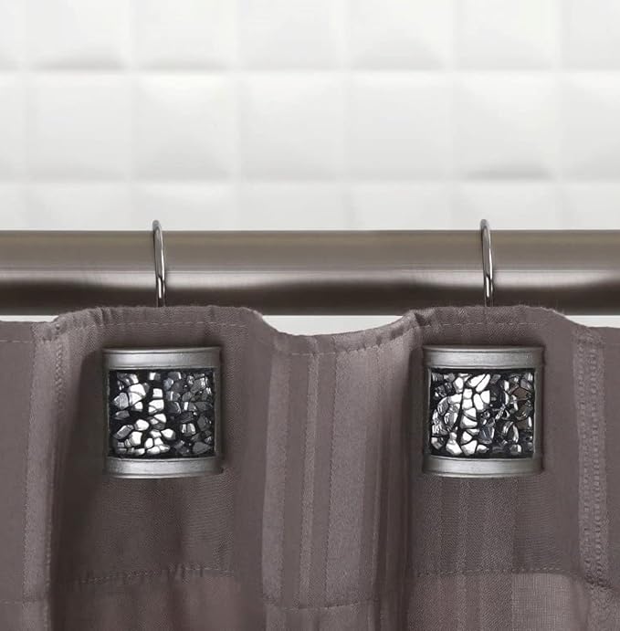 Creative Scents Crackled Glass Silver Shower Curtain Hooks Decorative - Set of 12 Shower Curtain Rings for Bathroom Shower Rod - Elegant Crackled Glass Shower Curtain Hooks