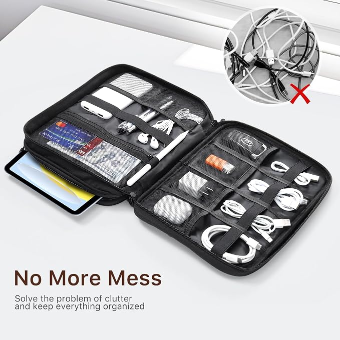 Dadanism Electronics Travel Organizer Case, Double Layers Cord Organizer | Travel All-in-One Storage Bag for Cable, Cord, iPad, Chargers, fits 9-11'' Tablets, Portable Tech Accessories Bag, Black