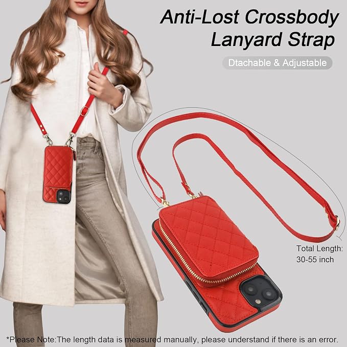 Bocasal Crossbody Wallet Case for iPhone 14 Plus, RFID Blocking PU Leather Zipper Handbag Purse Flip Cover, Kickstand Folio Case with Card Slots Holder Wrist Strap Lanyard 5G 6.7 Inch (Red)
