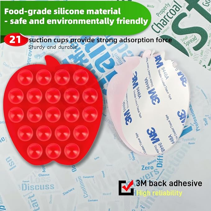 CIEO Silicone Phone Grip, 21 Suction Cups, Suitable for Selfies and Videos on Mirrors, bathrooms and Smooth Surfaces, Compatible with iPhone, Samsung(Apple Shaped, Red)