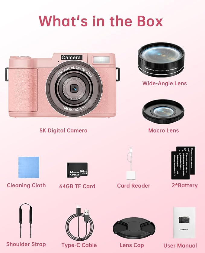 FLATIC 5K Digital Camera with WiFi, Cameras for Photography with 180°Flip Screen, Vlogging Camera with 64GB Card, Battery, Camera for Beginner, Teens