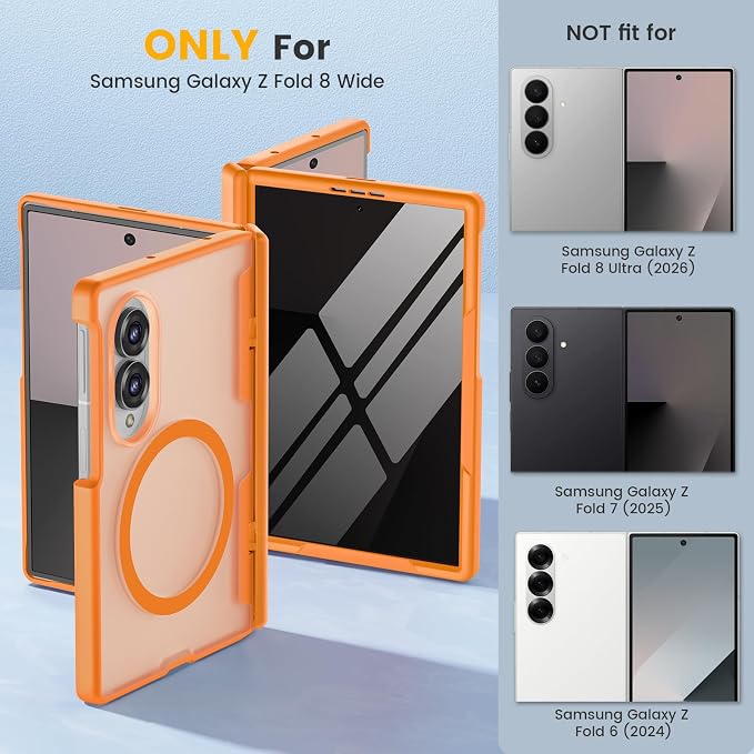 Caka Magnetic for Samsung Galaxy Z Fold 8 Case with Hinge Protection Orange | Compatible with MagSafe, Built-in Outer Screen Protector, Hinge Guard, Translucent Matte Back, 360° Hybrid Drop Defense