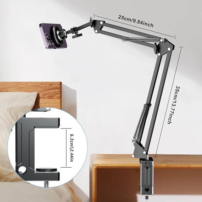 Gooseneck Bed Phone Holder for Magsafe iPhone Stand, Desk Magnetic Phone Arm Mount with Clamp, Adjustable Bedside Laying Down Tablet Mount Compatible with Kindle iPhone 15 14 13 12