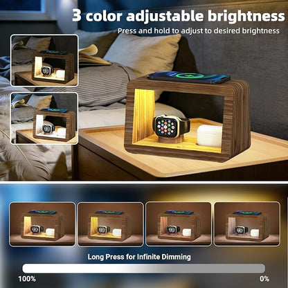 4 in 1 Bamboo Charging Station for Multiple Devices, 15W Fast Wireless Charger with Stepless Dimmable Night Light, Wood Style Dock Compatible with iPhone/iWatch/AirPods