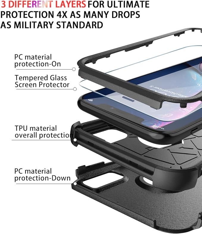 Diverbox Designed for iPhone Xr case with Screen Protector Heavy Duty Shockproof Shock-Resistant Cases for Apple iPhone Xr Phone (Black+Screen Protector)
