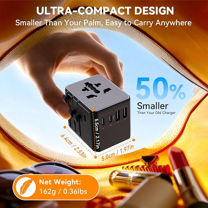 Auxmir Universal Travel Adapter, 45W PD Fast Charging Travel Plug Adapter with 2 USB-A and 3 USB-C Ports，International Adapter for EU, USA, UK, Asia, Worldwide Use, Black