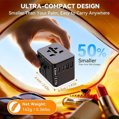 Auxmir Universal Travel Adapter, 45W PD Fast Charging Travel Plug Adapter with 2 USB-A and 3 USB-C Ports，International Adapter for EU, USA, UK, Asia, Worldwide Use, Black