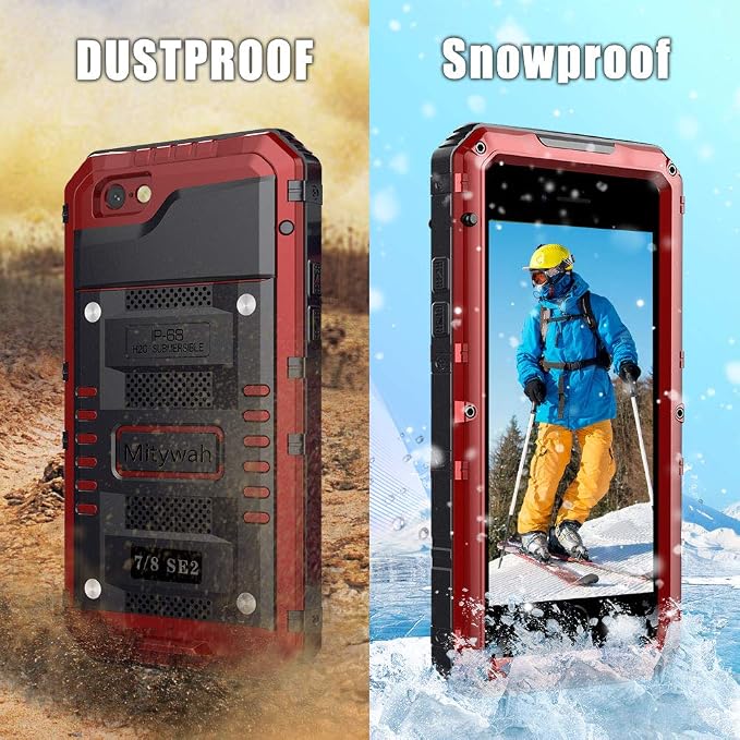 Mitywah Waterproof Case for iPhone SE 2020, Heavy Duty Military Grade Armor Metal Case, Full Body Protective Shockproof Dustproof Strong Rugged Thick Case for iPhone SE2, Red