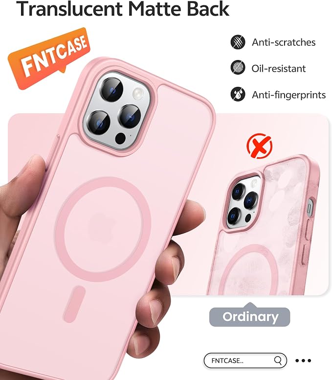 FNTCASE for iPhone 12 Pro Max Case: [Compatible with Magsafe] Translucent Matte Magnetic Phone Cover - Military Grade Drop Protection Shockproof Protective Cases - Light Pink