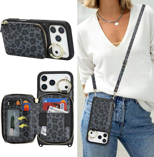 Crossbody Wallet Case for iPhone 17 Pro Max, PU Leather Zipper Handbag Purse Flip Cover, Kickstand Folio Case with Card Slots Holder Wrist Strap Lanyard 5G 6.9 Inch-Black Leopard