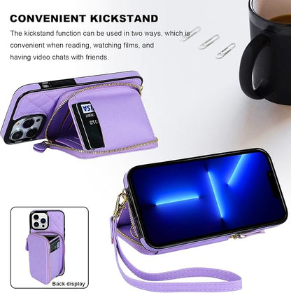 Bocasal Crossbody Wallet Case for iPhone 13 Pro Max, RFID Blocking PU Leather Zipper Handbag Purse Flip Cover, Kickstand Folio Case with Card Slots Holder Wrist Strap Lanyard 5G 6.7 Inch (Purple)