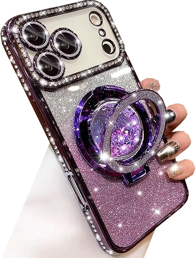 Glitter Kickstand Case for iPhone 17 Pro Max,Cute Bling Sparkly Diamond Rhinestone with Camera Lens Protector Liquid Flowing Ring Stand TPU Bumper Women Girl Case for iPhone 17 Pro Max,Purple