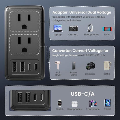 2000W Voltage Converter US to Europe, with 2 USB A and 2 USB C Ports | 220V to 110V Converter for European Travel for Hair Dryer, Travel Adapter Converter Combo