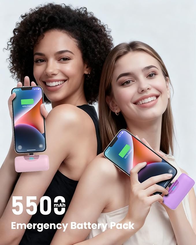 [2-Pack] 5500mAh Portable Charger for iPhone 17/16, LCD Display USB C Mini Power Bank,PDFast Charging Travel Lipstick Sized Battery Pack for iPhone 17/16/15 Pro Max, Galaxy S25/S24, Pixel(Pink+Purple)