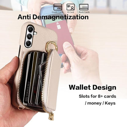 Wallet Case for Samsung Galaxy A34 5G with Shoulder Strap Ring Buckle, Luxury PU Leather Zipper Flip Organ Purse Credit Card Holder Stand Full Body Cell Phone Cover for A 34 34A Women Men White