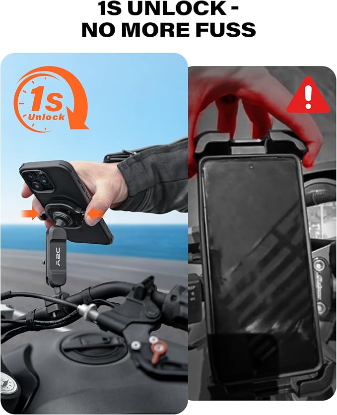 A2C One Lock System Motorcycle Phone Mount with MagSafe Phone Case, 1S Lock & Release Motorcycle Handlebar Phone Holder for iPhone 16 Pro Max Only