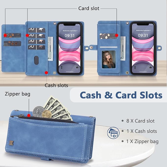 Wallet Case for iPhone 11 with Card Holder/Crossbody Wallet/Strap| RFID Blocking | Magnetic | Kickstand | Detachable | PU Leather Phone Case for iPhone 11,6.1 in,Sky Blue