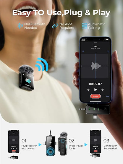 3-in-1 Mini Microphone for iPhone: Wireless Lavalier Microphone with 80ft Range & 15H Battery - Noise Reduction Lapel Mic, Real-Time Monitoring for Video Recording, Vlog,Light Black