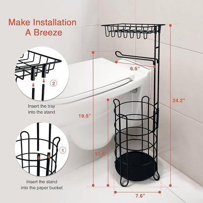Goozii Matte Black Free Standing Toilet Paper Holder Stand with Shelf, Freestanding Bathroom Tissue Dispenser with Wipes Storage, Floor Toilet Paper Holder with Phone Tray for Large Mega Rolls