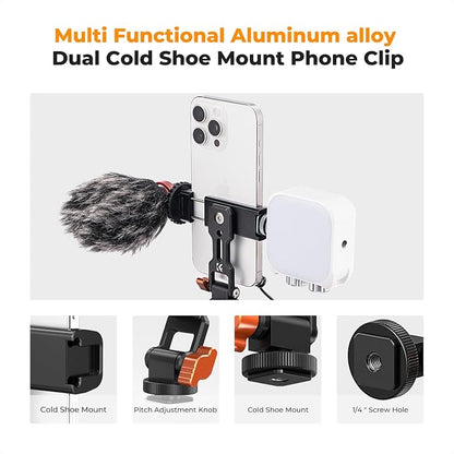 K&F CONCEPT Metal Phone Tripod Mount, Universal Smartphone Stand with 2 Cold Shoe Mount, Adjustable Cellphone Holder for Horizontal and Vertical Shooting, Compatible with iPhone/Samsung and All Phones