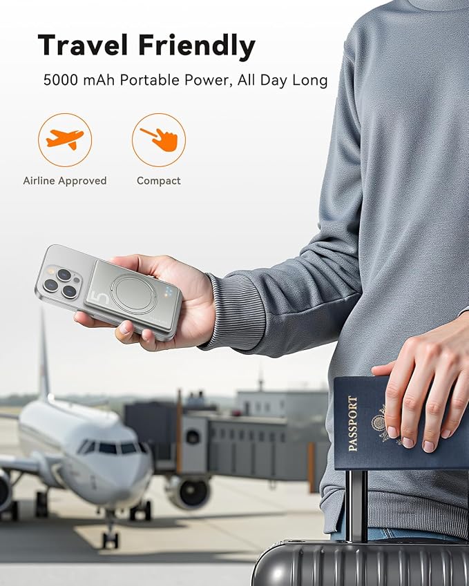 Kuulaa 5000mAh Magnetic Power Bank for iPhone 0.41in Slim Magsafe Battery Pack Wireless Portable Charger with Rotable Stand 20W PD USB C Output for iPhone 17/16/15/14/13/12 Series (Titanium)