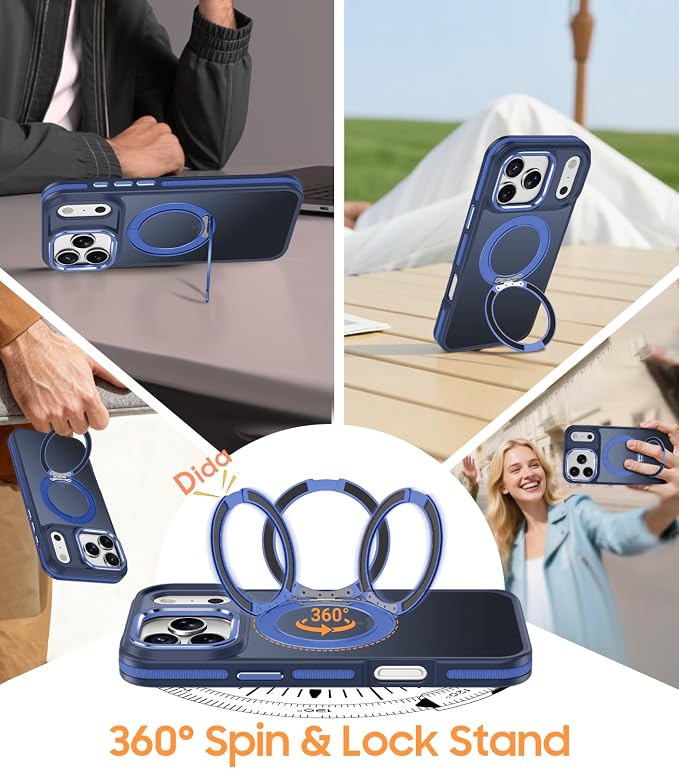 for iPhone 17 Pro Max Case with 360 Magnetic Ring Stand, Fit MagSafe, Military-Grade Shockproof Protection, Non-Slip Slim Translucent Protective Phone Cover, Blue
