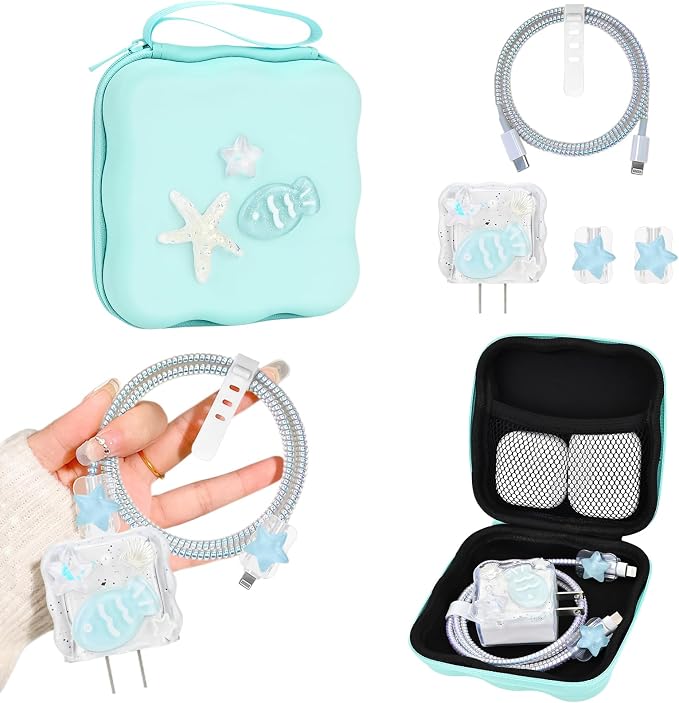 CameCosy Phone Charger Storage Case Cover Sets with Cable Protector for iPhone Adapter, Wave Travel Storage Bag, Earphone Cord Saver DIY Phone Charging Protector Cable Organizer (Blue Sea Star Fish)