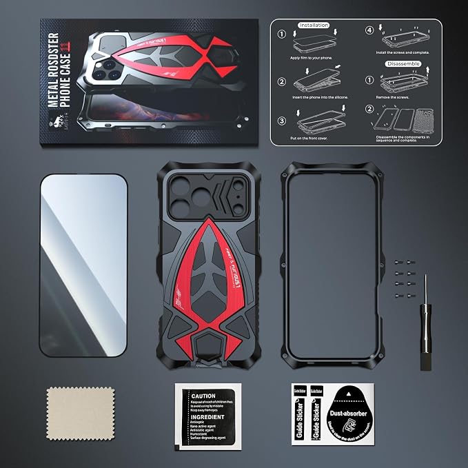 Armor Phone Case for iPhone 17 Pro Max Military Grade Cover 360 Full Protection Heavy Duty Hybrid Metal Bumper Built-in Silicone Shockproof with Screen Protector - Black