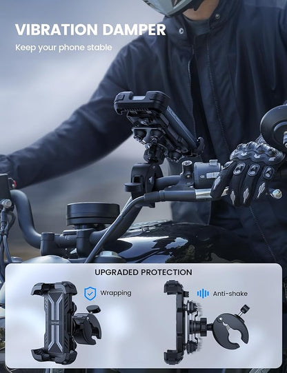 Lamicall Motorcycle Phone Mount Holder - [Dual Vibration Dampener] [Upgrade Handlebar Clip] Motorcycle Cell Phone Holder, Bike Phone Mount, Gifts for iPhone 16 15 14 Pro Max, 4.7-6.7" Phones, Black