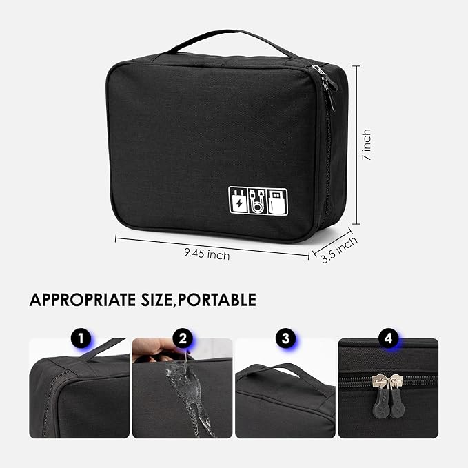 Cable Organizer Bag, Electronic Accessories Travel Case, Waterproof Double Layer Storage Bag for Charger, Cord, Phone, Earphone, Portable Carry Pouch for Travel & Daily Use (Black)