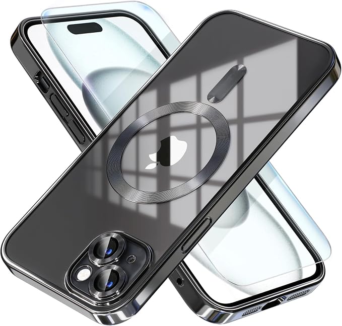 Misea Magnetic for iPhone 15 Plus Case Compatible with MagSafe [Never Yellowing] [Military Grade Drop Protection] Full Camera Lens Protector Plating Soft Clear Phone Case for Women, Black