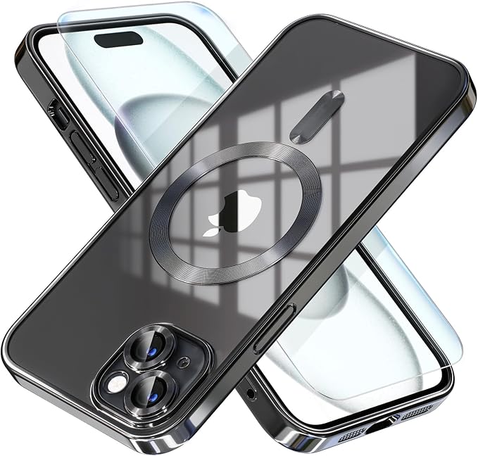 Misea Magnetic for iPhone 15 Case Compatible with MagSafe [Never Yellowing] [Military Grade Drop Protection] Full Camera Lens Protector Plating Soft Clear Phone Case for Women, Black