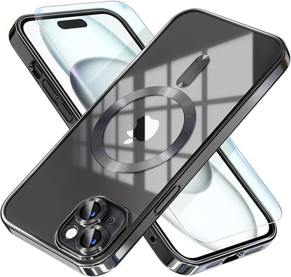 Misea Magnetic for iPhone 15 Case Compatible with MagSafe [Never Yellowing] [Military Grade Drop Protection] Full Camera Lens Protector Plating Soft Clear Phone Case for Women, Black