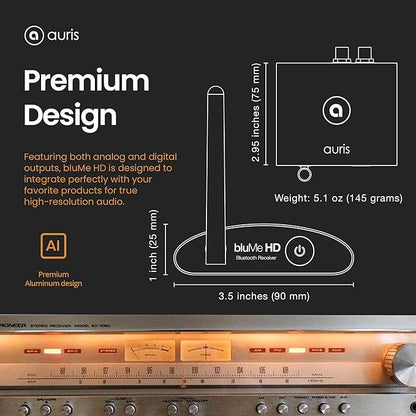 Auris Blume HD Long Range Bluetooth 5.3 Music Receiver Hi-Fi Audio Adapter with Audiophile DAC, LDAC & AptX HD for Home Stereo, AV Receiver or Amplifier