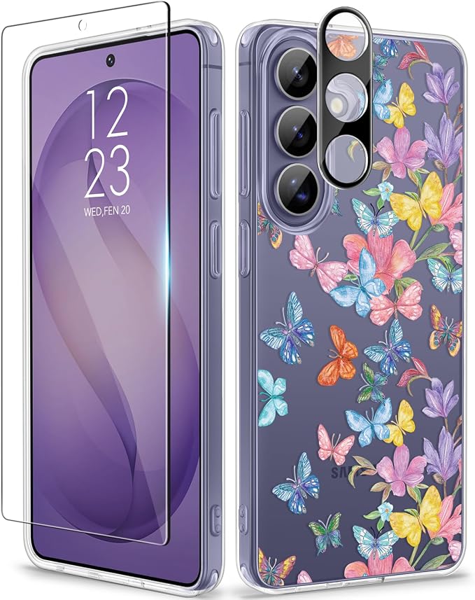GVIEWIN for Samsung Galaxy S26 Plus Case, Clear Floral Slim Shockproof Protective Women Phone Case, Non-Yellowing, with Screen Protector&Camera Lens Protector for S26 Plus 6.7", Fantasy Butterfly