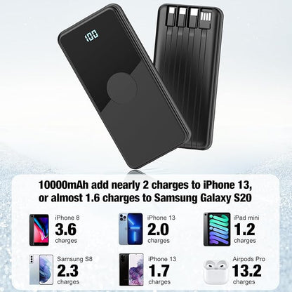 Portable Charger with Built in Cables,High Speed Power Bank 10000mAh Travel Battery Pack 5 Outputs 3 Inputs Portable Phone Charger Backup Battery for iPhone, Samsung, iPad,Tablets (Black)