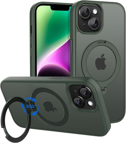 CACOE Magnetic Case for iPhone 13/14 6.1 inch with 360 Rotatable Ring Stand, Compatible with MagSafe Car Phone Mount, Cases Cover Phone Holder for Desk Meeting/Videos Dark Green