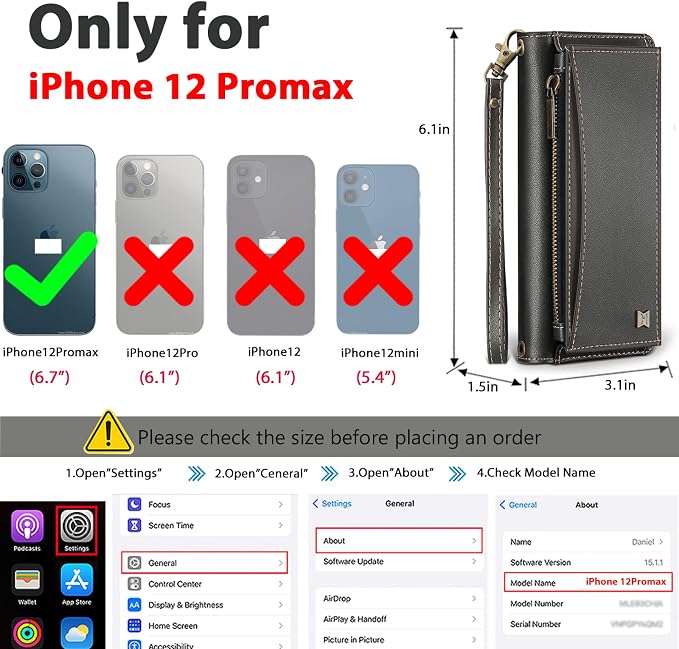 Wallet Case for iPhone 12 Pro Max with Card Holder/Crossbody Wallet/Strap| RFID Blocking | Magnetic | Kickstand | Detachable | PU Leather Phone Case for iPhone 12 Pro Max,6.7 in,Black