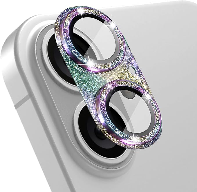 Camera Lens Protector for iPhone 16/iPhone 16 Plus, Bling Glitter Camera Cover with 9H Tempered Glass Metal Ring, Anti-Scratch Camera Protector for iPhone 16/iPhone 16 Plus (Glitter -Colorful)