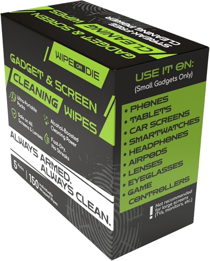 Electronic Wipes for Touch Screens - 150 Phone Wipes for Mobile, Tablet & Car Displays - Lens Wipes Individually Wrapped - Alcohol-Boosted
