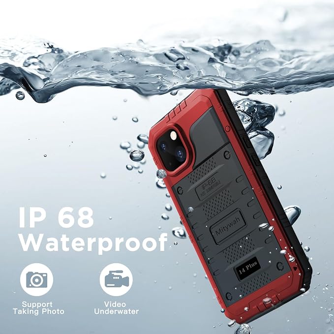 Mitywah Waterproof Case for iPhone 14 Plus, Heavy Duty Shockproof Case with Built-in Screen Protector, Full Body Underwater Protective Metal Case 6.7 inch, Red