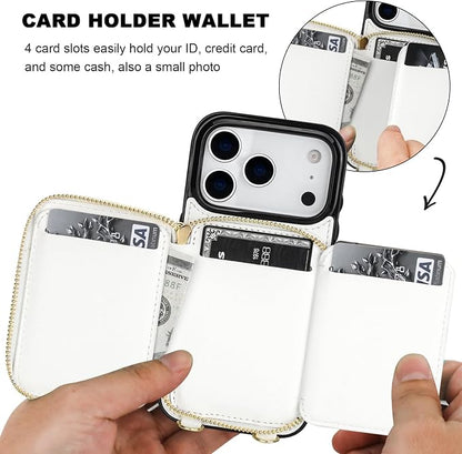 Bocasal Crossbody Wallet Case for iPhone 17 Pro, RFID Blocking PU Leather Zipper Handbag Purse Flip Cover, Kickstand Folio Case with Card Slots Holder Wrist Strap Lanyard 5G 6.3 Inch (White)