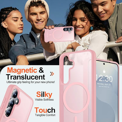 MOZOTER for Samsung Galaxy S25 Case with Magnetic,[Compatible with MagSafe][15Ft Military Dropproof][2*Screen Protector] Translucent Matte Anti-Slip Back Slim Shockproof Case for S25,6.2"(Pink)