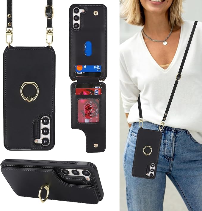 Lipvina for Samsung Galaxy S22 Case with Card Holder and Strap for Women,Crossbody Lanyard,RFID Blocking,Ring Stand,Snap Clasp,Phone Wallet Cases 6.1 inch(Black)